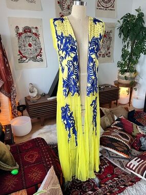 Yellow Kaftan with Royal Blue Embroidery - Coachella/Bonaroo/Festival Wear